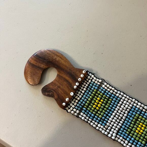 Vintage Wooden Loop Buckle Handmade in Indonesia Beaded Stretchy Belt Free Size - Picture 4 of 9